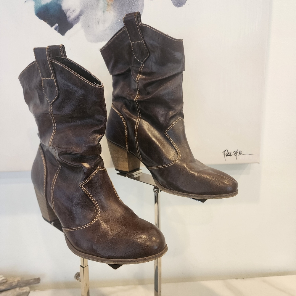 Dark Brown Leather Heeled Boots